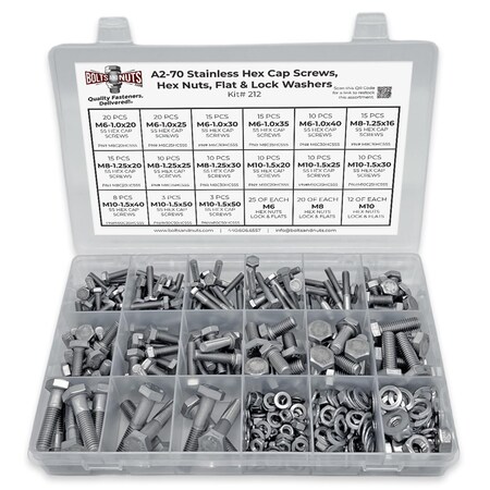Boltsandnuts.Com Metric A2 Stainless Steel Hex Cap Screws, Hex Nuts, Flat & Lock Washers - 341 PCS Assortment Kit #212